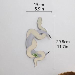 Detailed view of silver snake mirror wall sticker with size measurements in cm and inches