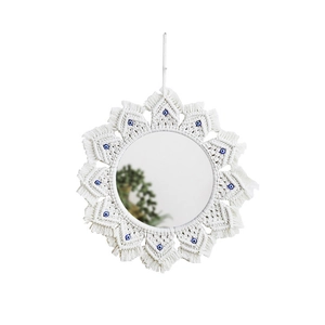 Bohemian evil eye macrame wall mirror with handmade woven fringe and glass beads