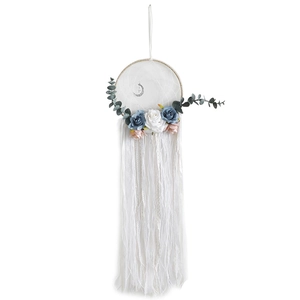 Bohemian dream catcher wall hanging with pastel roses, feathers, and lace tassels