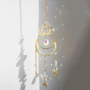 Detailed suncatcher view showing crystal prism rainbow light reflections on a white wall