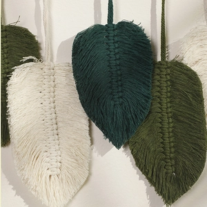 Handmade boho leaf wall hanging decor with green and beige cotton fringe for bedroom art
