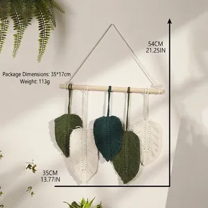 Detailed macro view showing the size dimensions of the handmade leaf macrame wall hanging