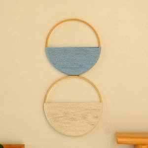 Lot de deux étagères murales bohèmes faites main avec cordes en coton bleu et beige tressé