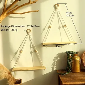 Detail view of Bohemian wall shelf showing 35cm width and 44cm height measurements