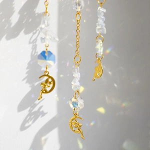 Golden moon fairy suncatcher with natural crystals and prismatic glass ball pendant