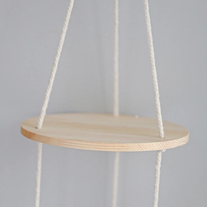 Bohemian style handmade woven hanging plant shelf with double layer round wooden trays
