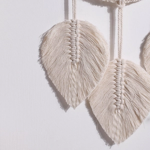 Boho Tree of Life macrame wall hanging with handmade cotton woven feathers and fringe decor