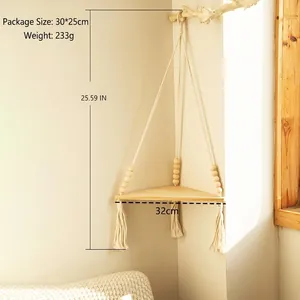 Bohemian woven wood bead floating shelf with triangle wood board and tassels hanging decor