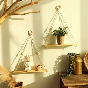 Bohemian floating wood shelves set with cotton rope and beads for wall home decor