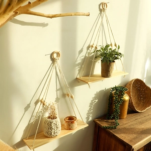 Bohemian Hand Woven Wall Hanging Wood Floating Shelves Cotton Rope Tassel Design For Living Room Bedroom Home Decorative Storage Shelf