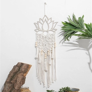 Suspension Murale Macramé Lotus Fait Main Corde Coton Boho Décoration Gland Avec Perles Bois Pour Salon Chambre Maison Art