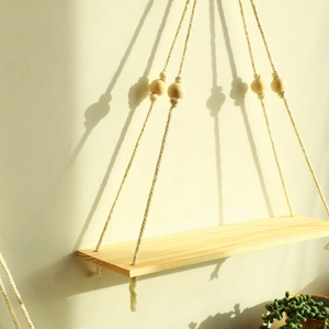 Bohemian woven rope wall shelf with natural wood board and decorative beads for home decor