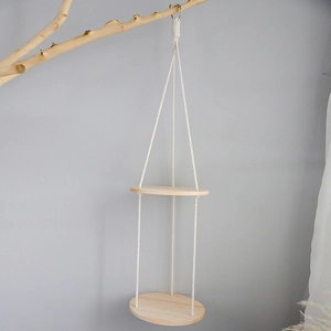 Bohemian two-tier round hanging shelf with white macrame ropes for home wall decor
