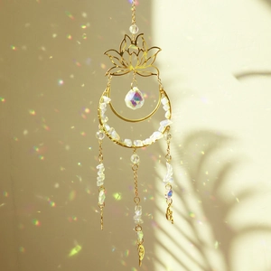 Lotus Moon Suncatcher Gold Alloy Rainbow Maker Hanging Crystal Ball Crushed Stones Ornament For Garden Window Home Decor