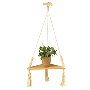Bohemian handmade triangle wooden shelf with woven cotton rope and elegant tassels