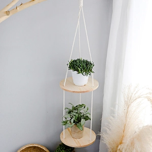 Bohemian Hand Woven Cotton Rope Wood Hanging Shelf Two Layer Round Wall Floating Storage Rack For Home Decor
