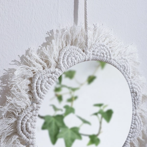 Bohemian handmade macrame wall mirror with white cotton fringe for home decor