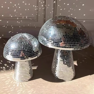 Macro detail of disco mushroom decor with reflective silver glass mosaic mirrors