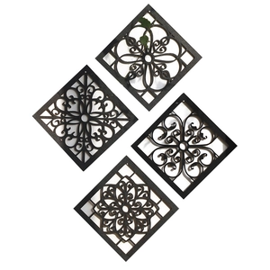 Set of 4 square geometric carved wood wall decor panels with intricate laser cut patterns