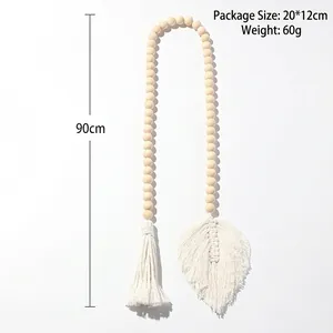 Bohemian handmade macrame curtain tieback with wooden beads, cotton tassels and leaf design