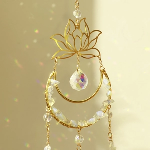 Golden lotus moon sun catcher with natural crystals and faceted glass ball