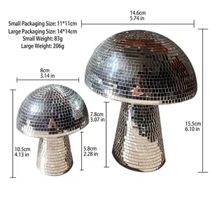 Mirror disco ball mushroom home decor with silver glass tiles in two sizes on white background