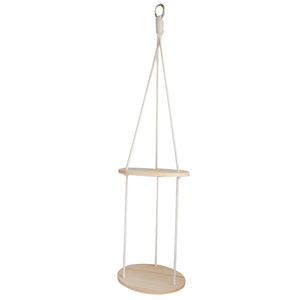 Handmade boho 2-tier hanging wall shelf with round wooden plates and white cotton rope