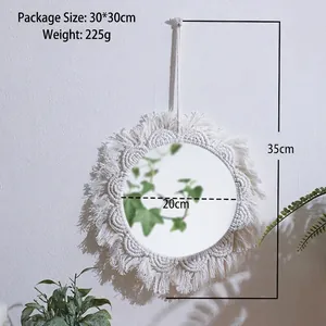 Bohemian woven macrame wall mirror dimensions showing 20cm diameter and 35cm total height