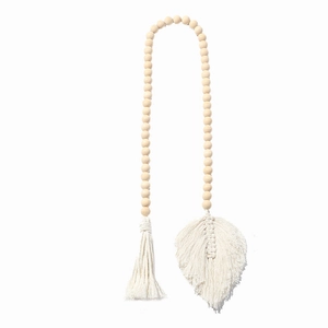 Boho wood bead curtain tieback with handmade woven leaf and cotton fringe tassel