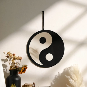 Zen style Tai Chi Yin Yang wall hanging with elegant window shadows and dried flowers
