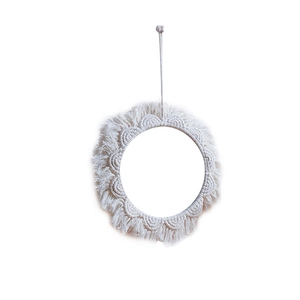 Boho macrame round wall mirror with handmade ivory cotton fringe and tassel details