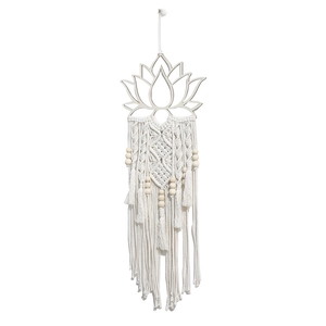Tenture murale macramé bohème avec cadre lotus en bois et perles décoratives