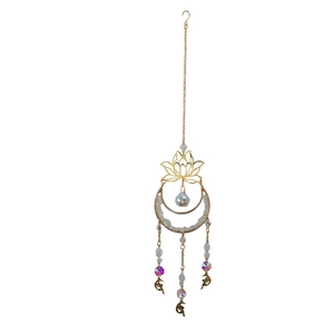 Golden lotus moon sun catcher with crystal beads and fairy charms for garden decor