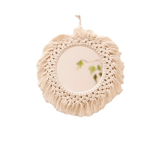 Bohemian handmade cotton rope woven wall mirror with macrame fringe and acrylic accents