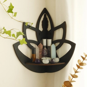 Detail view of wooden lotus corner shelf for healing home decor and crystal storage
