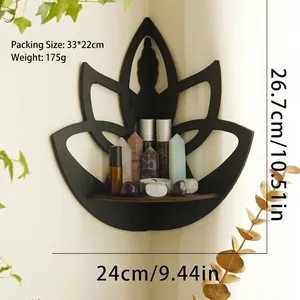 Macro shot of wooden lotus corner shelf for crystals with meditative silhouette