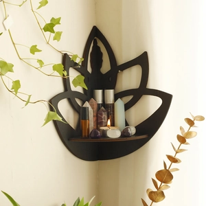Corner floating shelf with lotus flower cutout and Buddha silhouette in dark brown wood