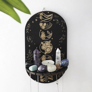 Wooden Wall Mounted Crystal Display Shelf Moon Phase Floral Pattern Bohemian Mystic Wall Hanging Storage Rack For Jewelry