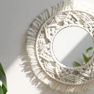 Bohemian handmade cotton macrame wall mirror with flower fringe decor for living room
