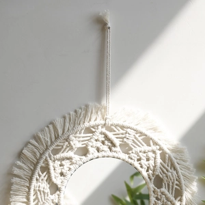 Bohemian handmade cotton woven flower mirror with decorative fringe for wall hanging decor
