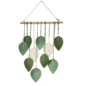 Bohemian handmade woven macrame leaf wall hanging decor with wood beads on white background