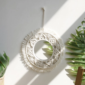 Bohemian Macrame Wall Hanging Mirror Cotton Rope Handmade Woven Mirror With Tassels Floral Shape For Living Room Home Decor