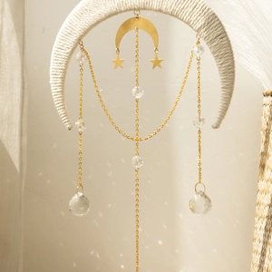 Bohemian moon suncatcher with crystal prisms and white woven rope for home decoration