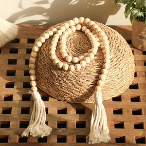 Bohemian Wood Bead Garland With Cotton Tassels Handwoven Curtain Tieback Farmhouse Home Decor For Bedroom Living Room Window
