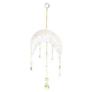 White woven crescent moon suncatcher with golden chains and clear crystal droplets