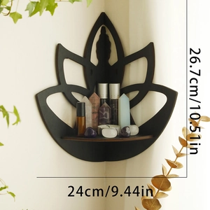Minimalist black wooden lotus corner shelf with Buddha silhouette for crystal decor