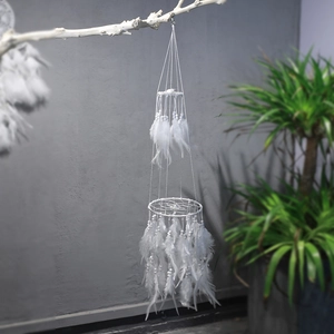 Detail of white double-layer dream catcher with soft feathers and beads on a branch