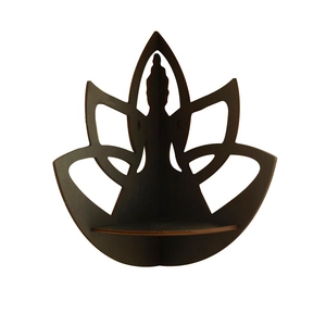 Symmetric lotus Buddha wooden corner shelf with Zen silhouette for home wall decoration