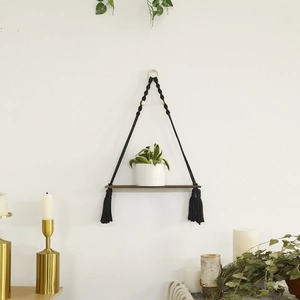 Handmade Bohemian Macrame Wall Hanging Shelf Black Woven Cotton Rope Wooden Floating Pot Stand For Guesthouse Home Decor