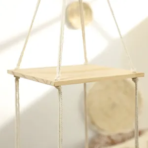 Macro detail of Bohemian hand-woven cotton rope and natural light wood shelf
